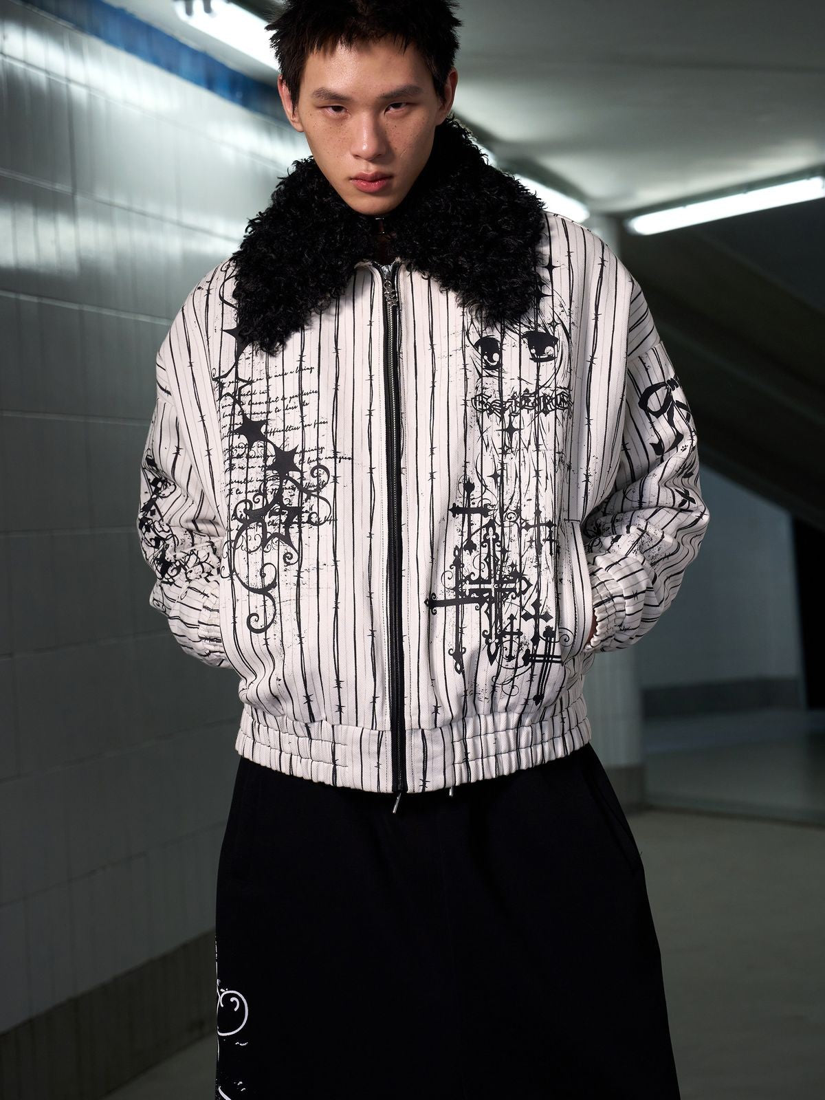 CFIERCE Thorn Stripe Fur Collar Jacket in White - On Male Model