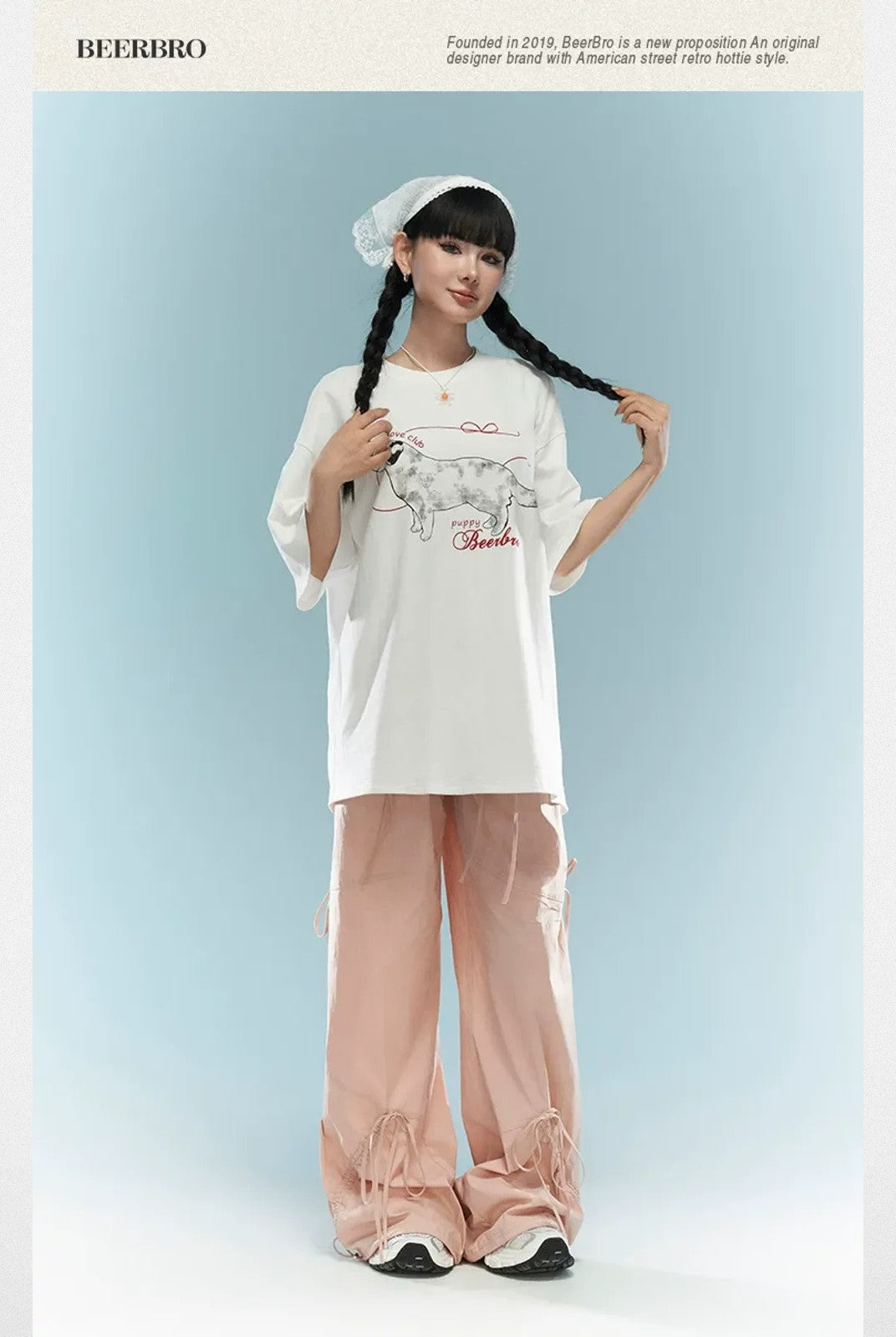 BeerBro Ruched Wide Leg Parachute Pants in Pink - On Model