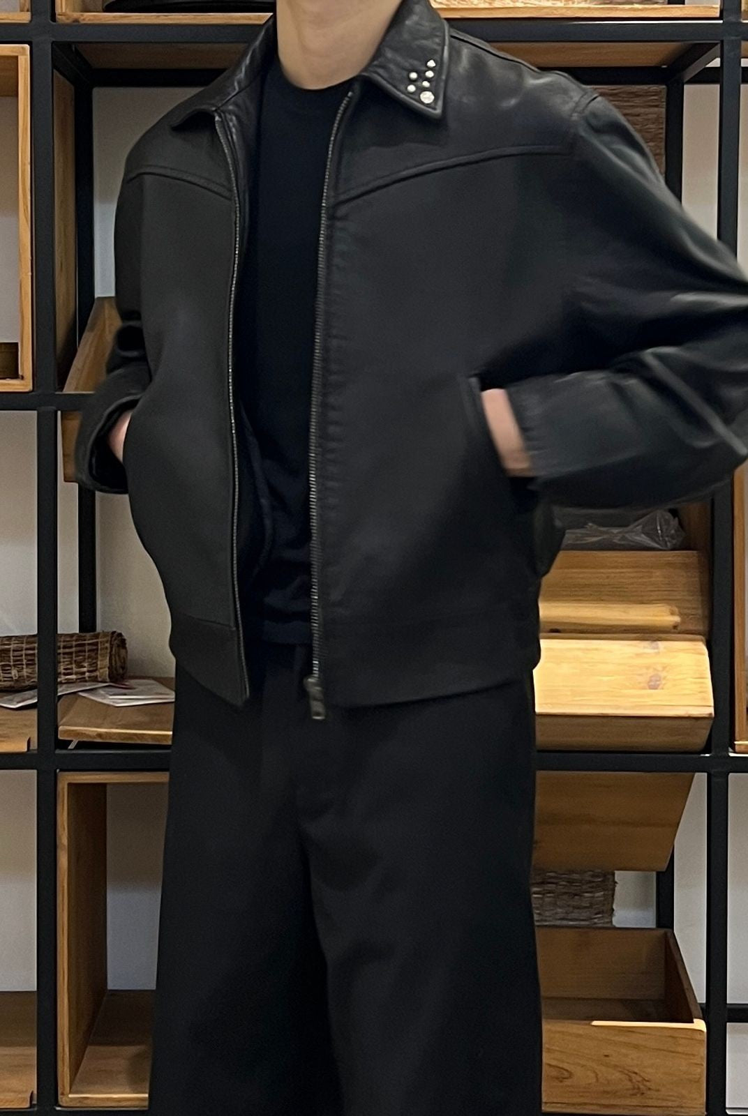 AFterTaste Studded Lambskin Leather Jacket in Black - On Model