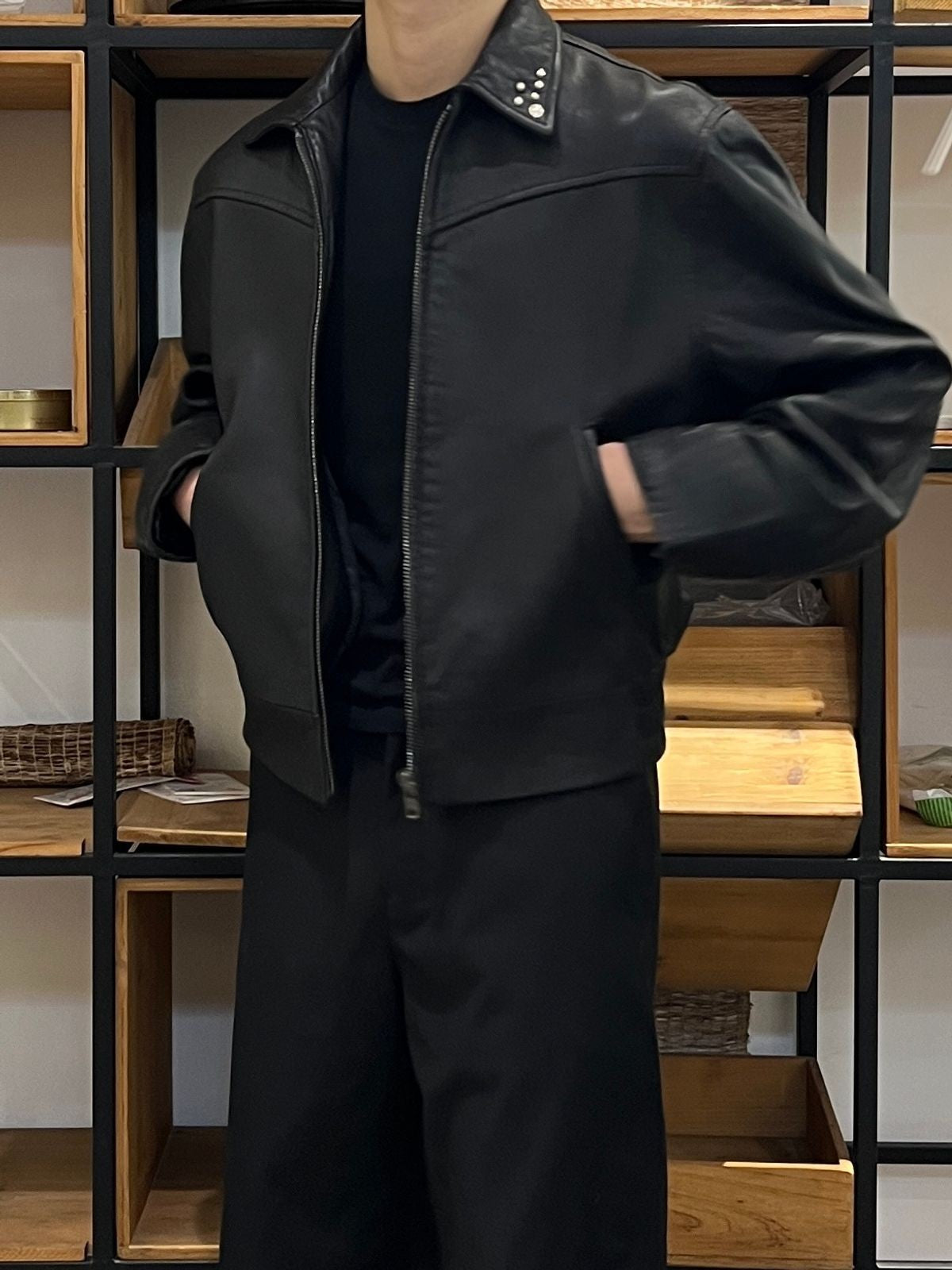 AFterTaste Studded Lambskin Leather Jacket in Black - On Model