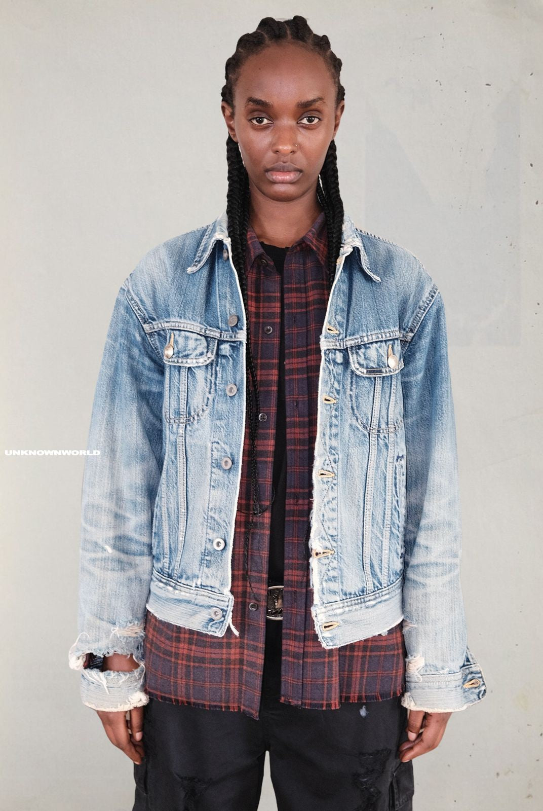 UNKNOWNWORLD Heavy Distressed Denim Jacket in Blue - On Model