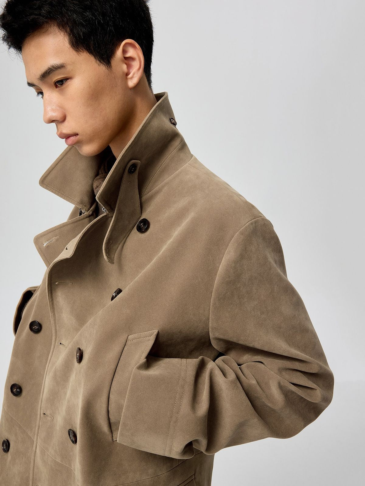 Simple Project Suede Texture Double Breasted Peacoat in Beige - On Model