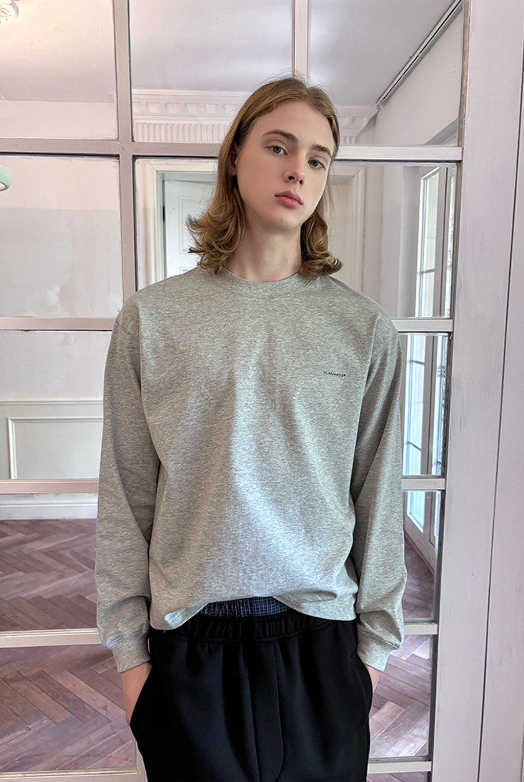 VLABMADE Boxy Cotton Long Sleeve T Shirt in Gray - On Model