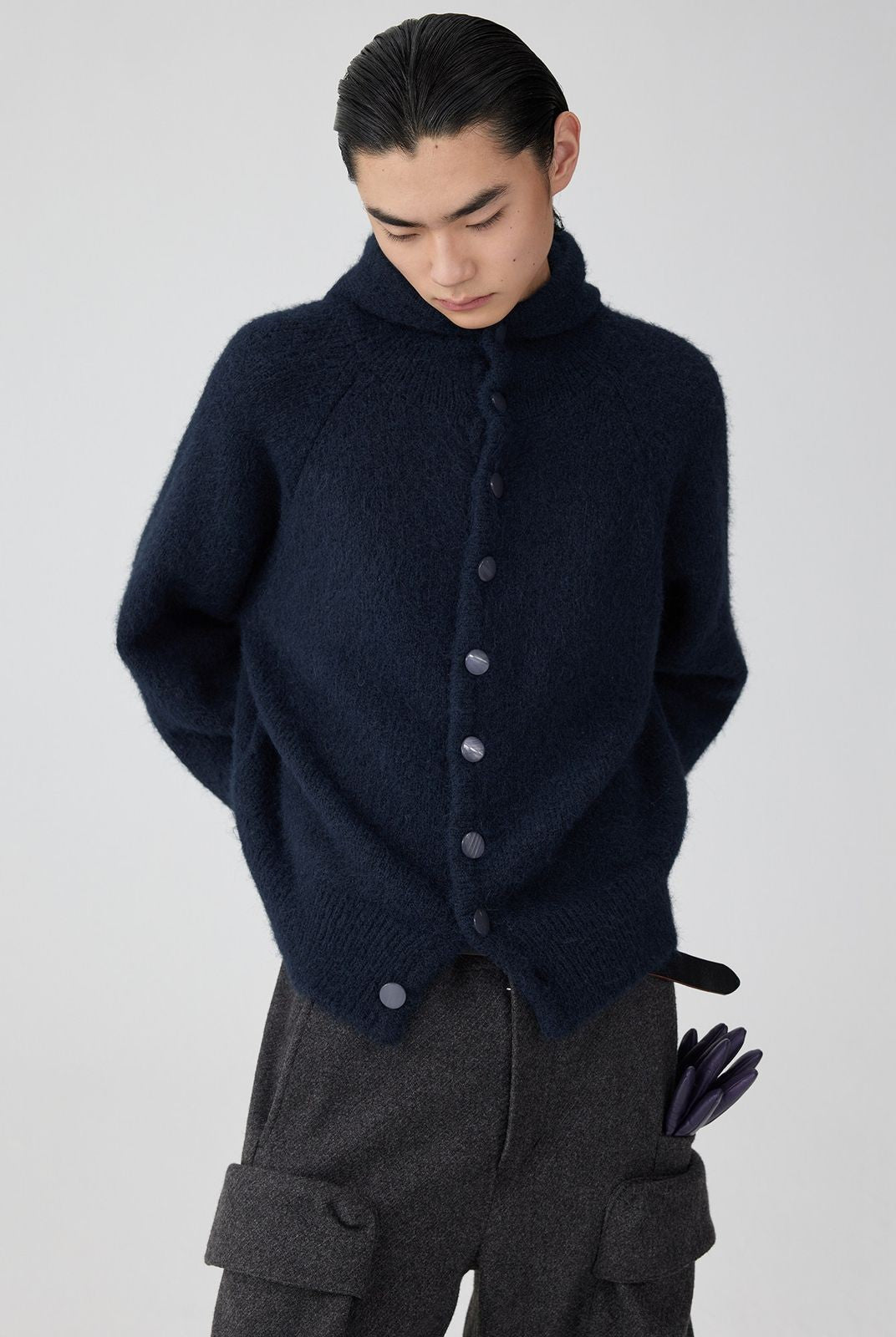 Simple Project Hooded Wool Blend Cardigan in Navy Blue - On Male Model