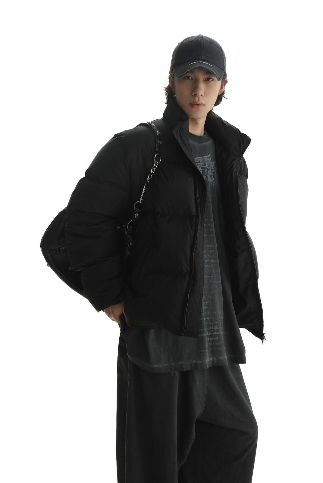 MasonPrince Cropped Down Puffer Jacket in Black - On Male Model