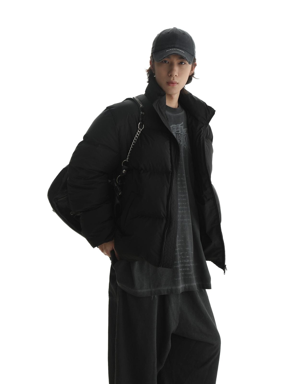 MasonPrince Cropped Down Puffer Jacket in Black - On Male Model