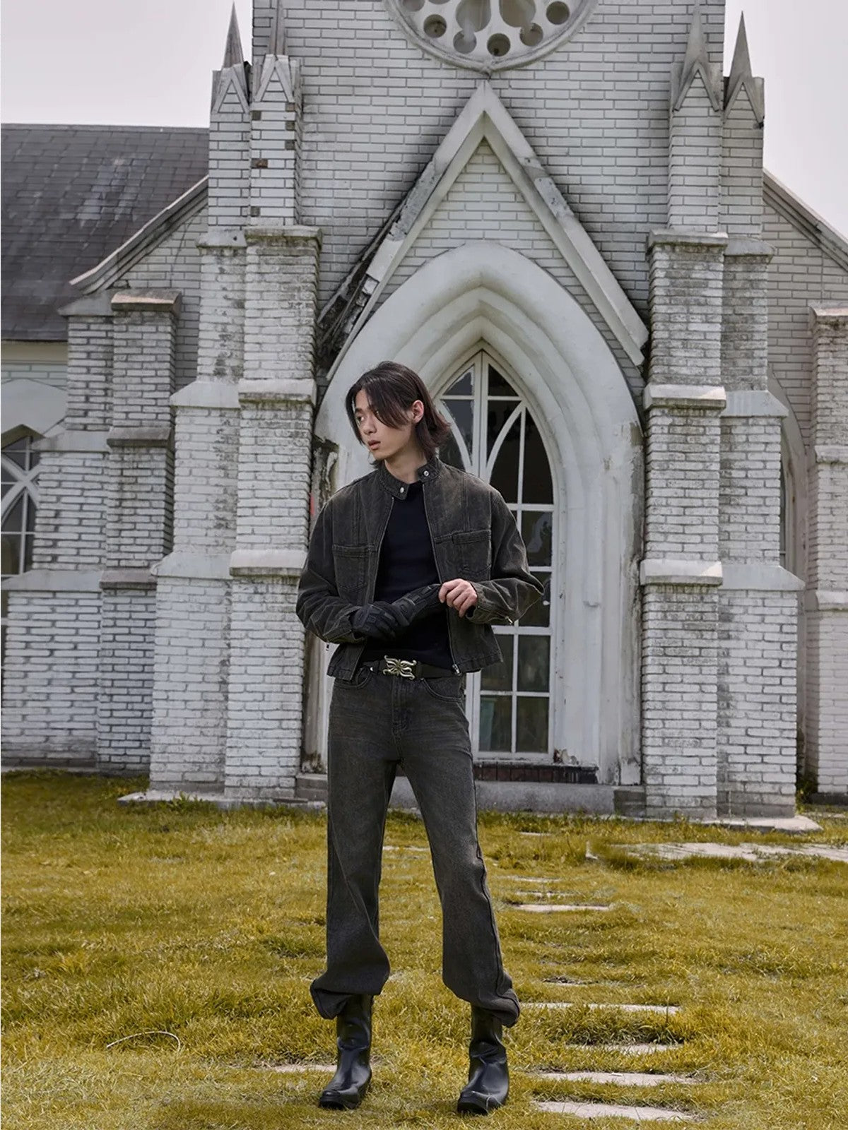 Y OFFICIAL Okayama Slub Mud Dyed Micro Flare Jeans in Gray - Lifestyle