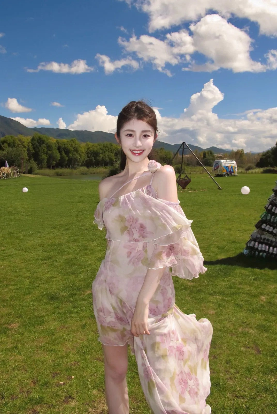 1S Studio Asymmetric Floral Ruffle Dress in Purple - On Model