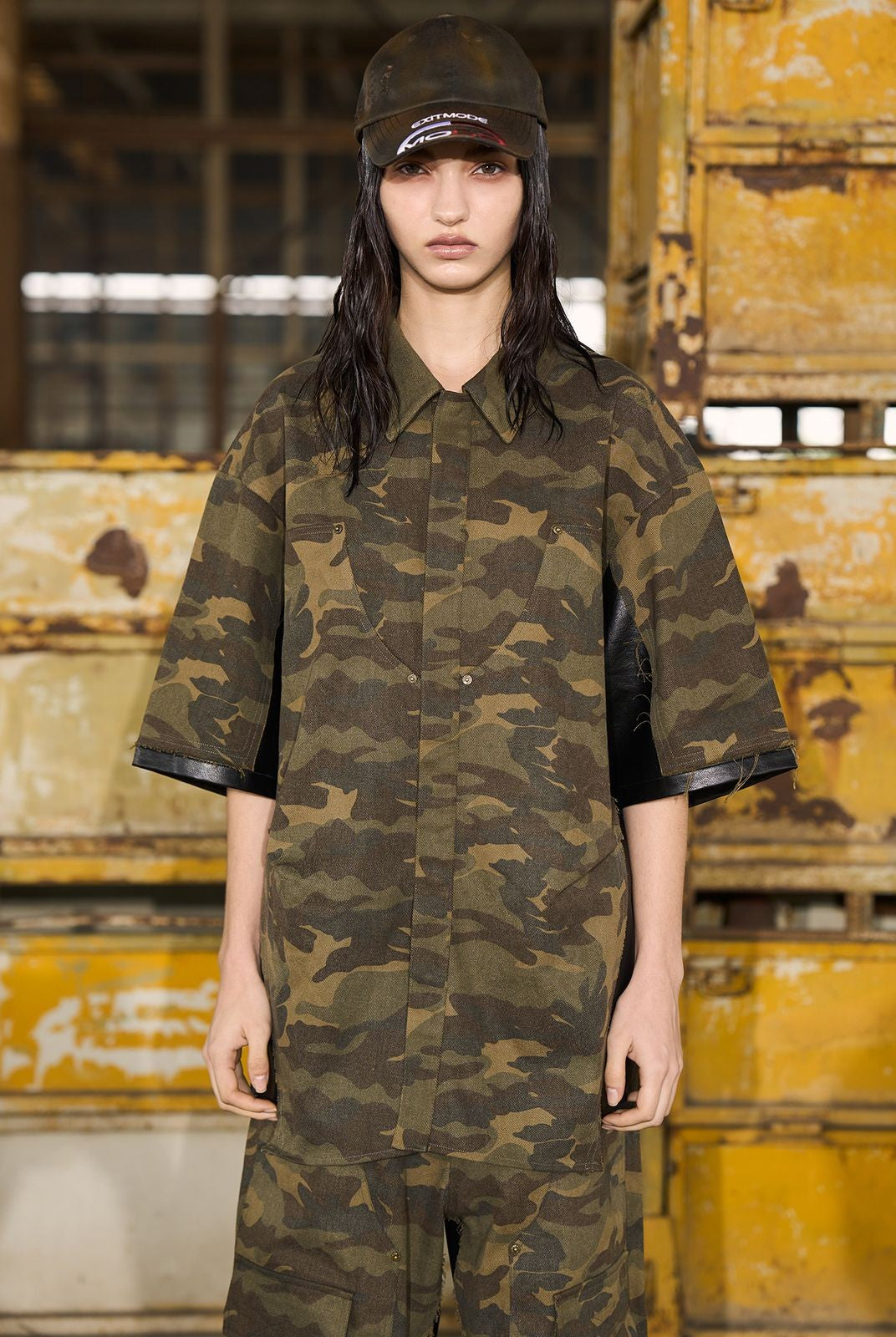 BLINDNOPLAN Camo Spliced Faux Leather Shirt in Olive - On Model
