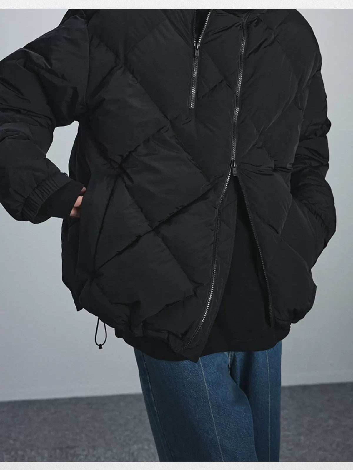 NANS Diamond Quilted Double Zip Puffer in Black
