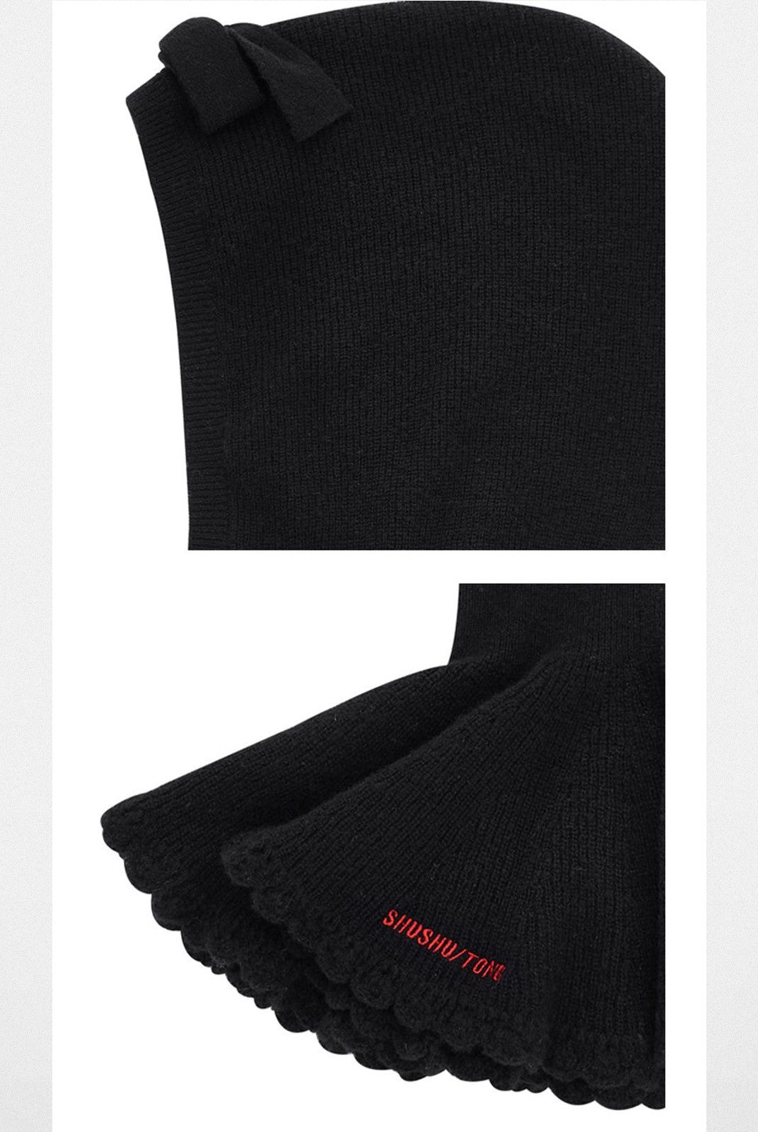 SHUSHUTONG Bow Detail Knit Balaclava in Black - Detail