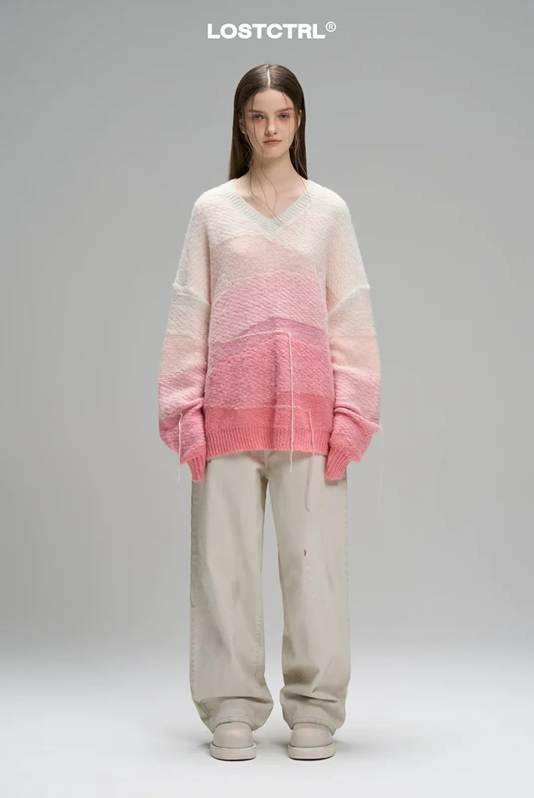 LOSTCTRL Gradient Fringe V Neck Sweater in Pink
