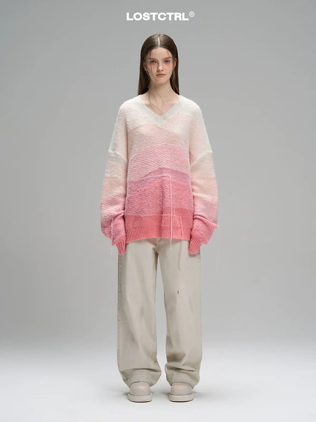 LOSTCTRL Gradient Fringe V Neck Sweater in Pink