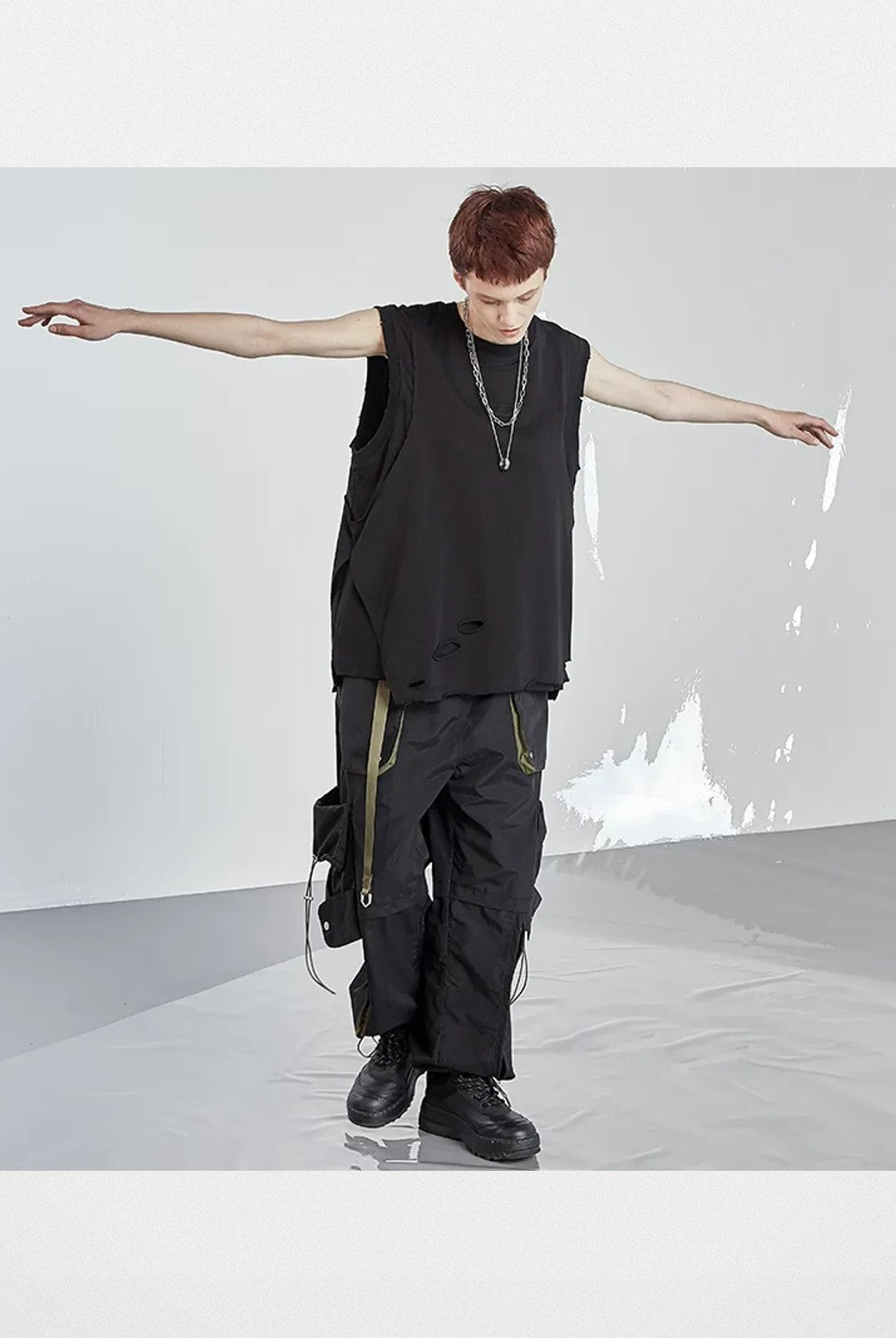 LOSTCTRL Asymmetric Distressed Layered Tank in Black - On Model