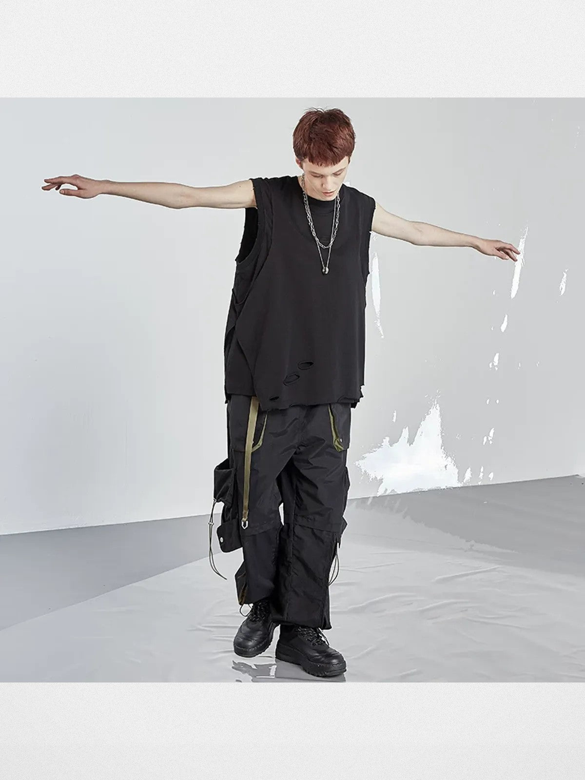 LOSTCTRL Asymmetric Distressed Layered Tank in Black - On Male Model