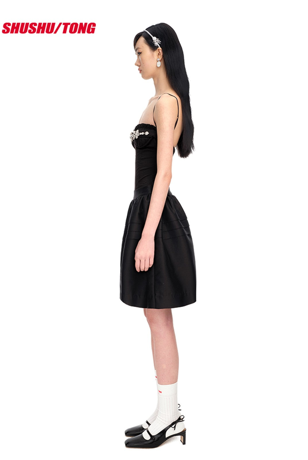 SHUSHUTONG Rhinestone Cami Bodysuit in Black - On Model