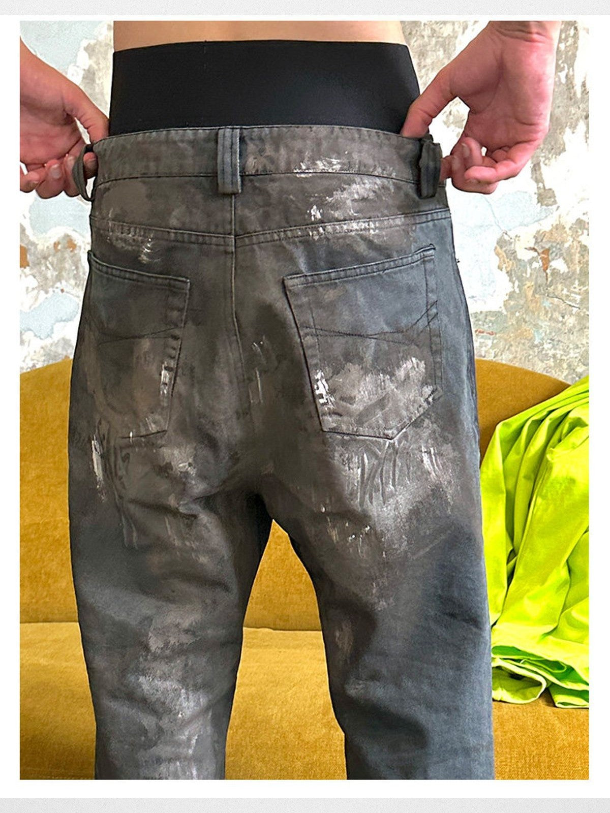 TRIANGLE PROJECT Mud Dyed Hand Painted Distressed Jeans in Dark Gray - On Model