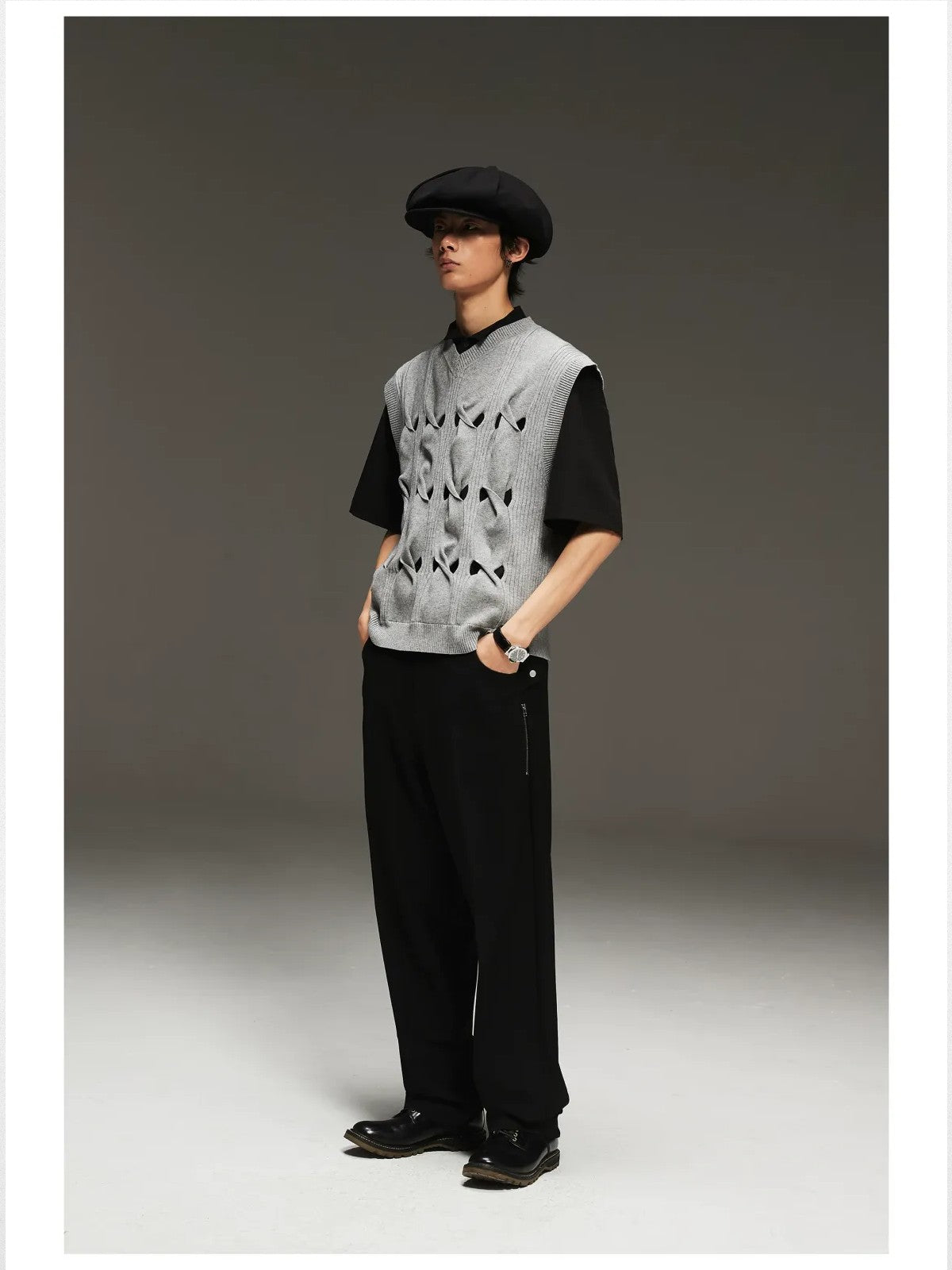 Simple Project Windmill Paneled Newsboy Cap in Black - On Male Model