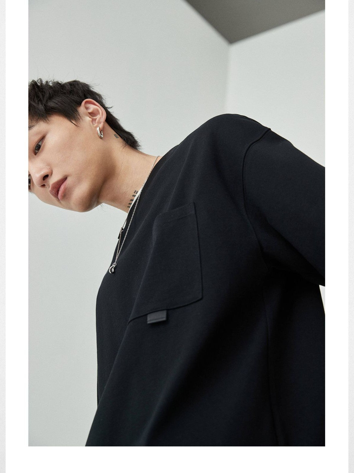 NANS Webbing Strap Pocket Long Sleeve Tee in Black - On Model