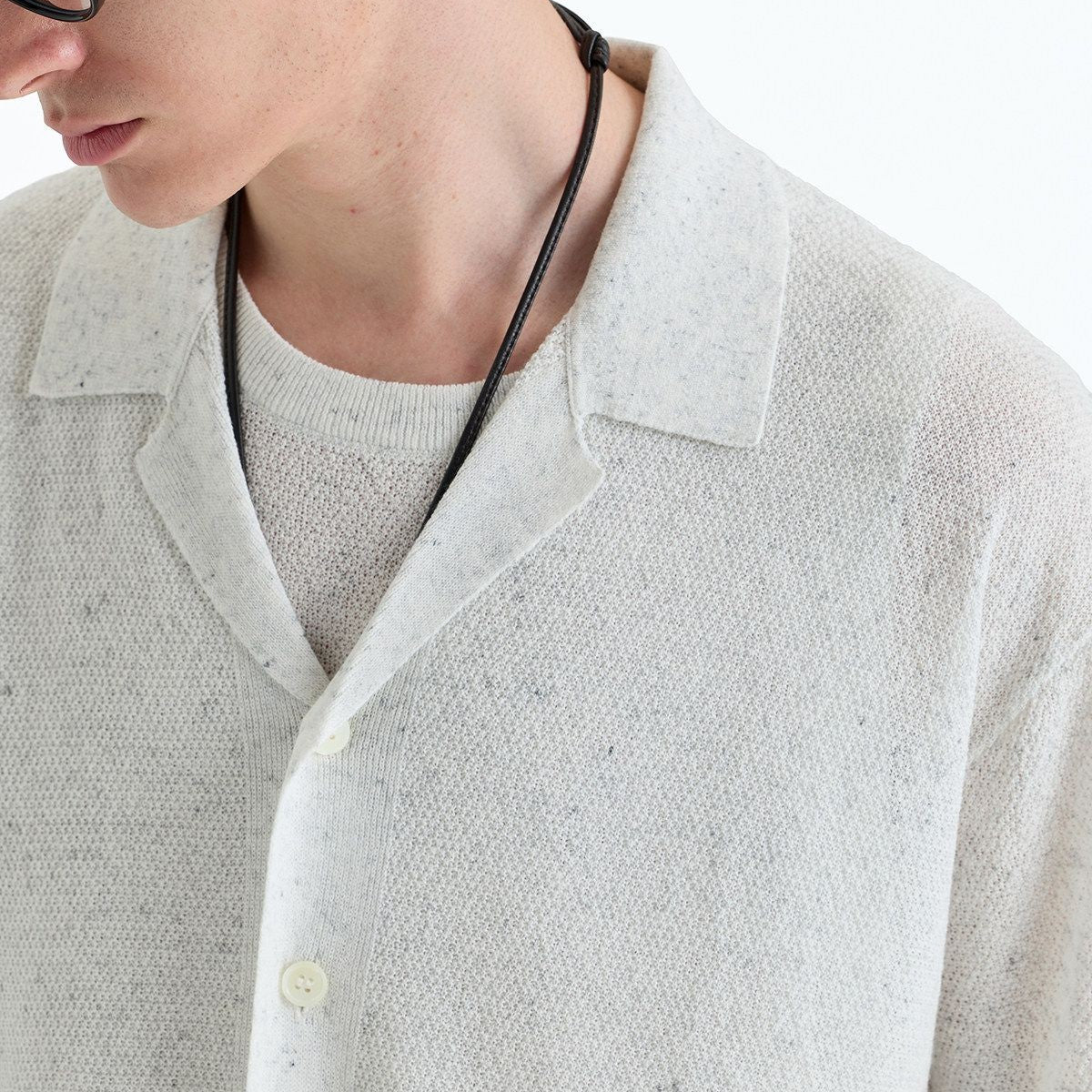 NANS Washi Blend Camp Collar Knit in Gray - On Model