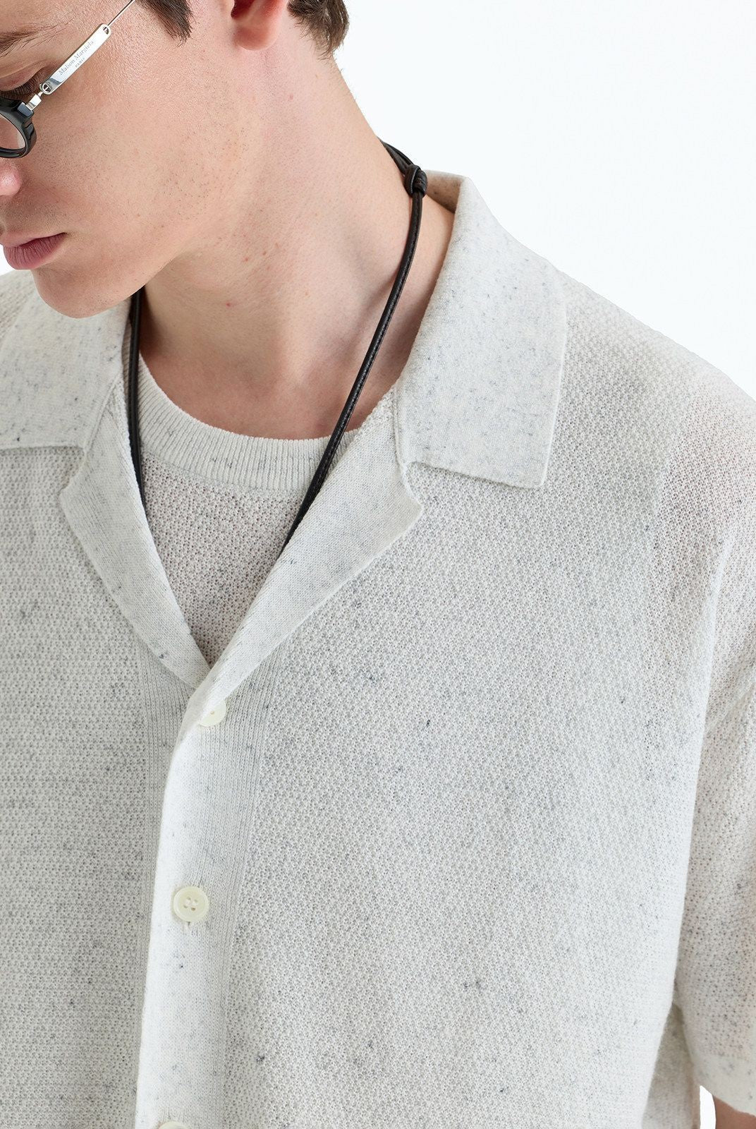 NANS Washi Blend Camp Collar Knit in Gray - On Model