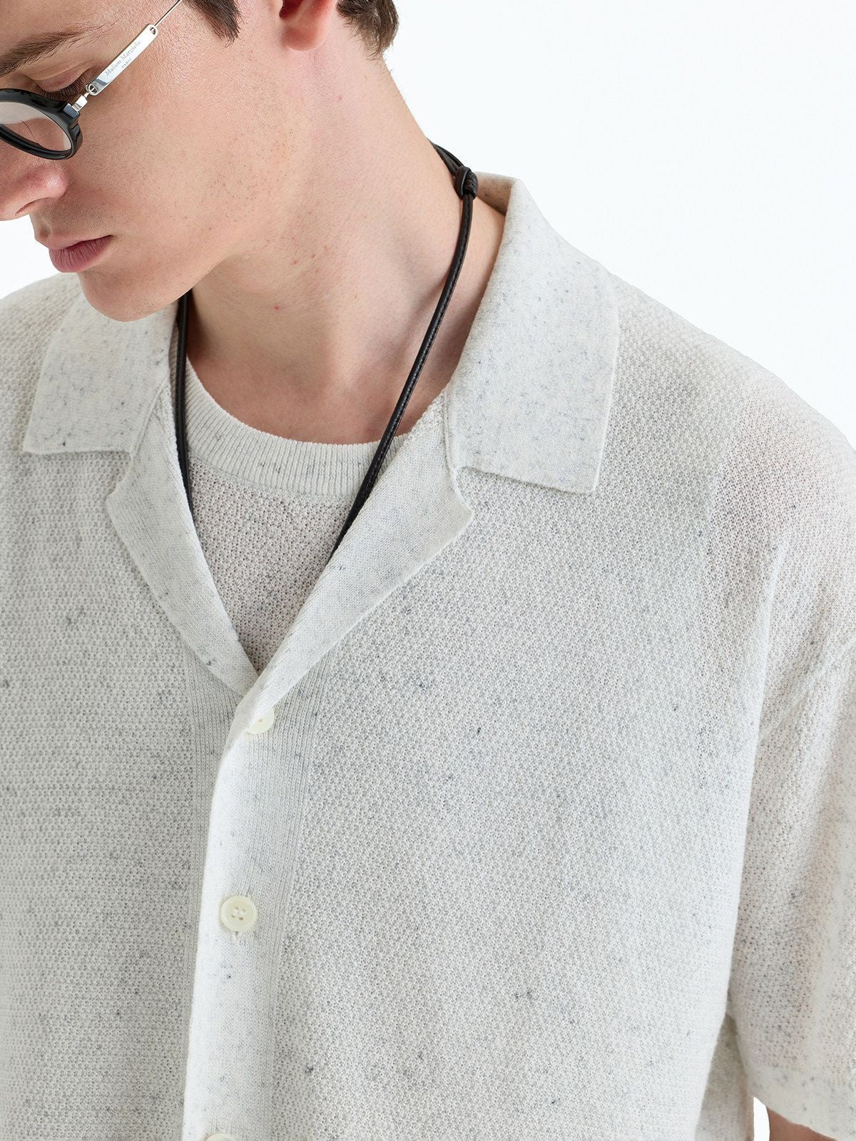 NANS Washi Blend Camp Collar Knit in Gray - On Model