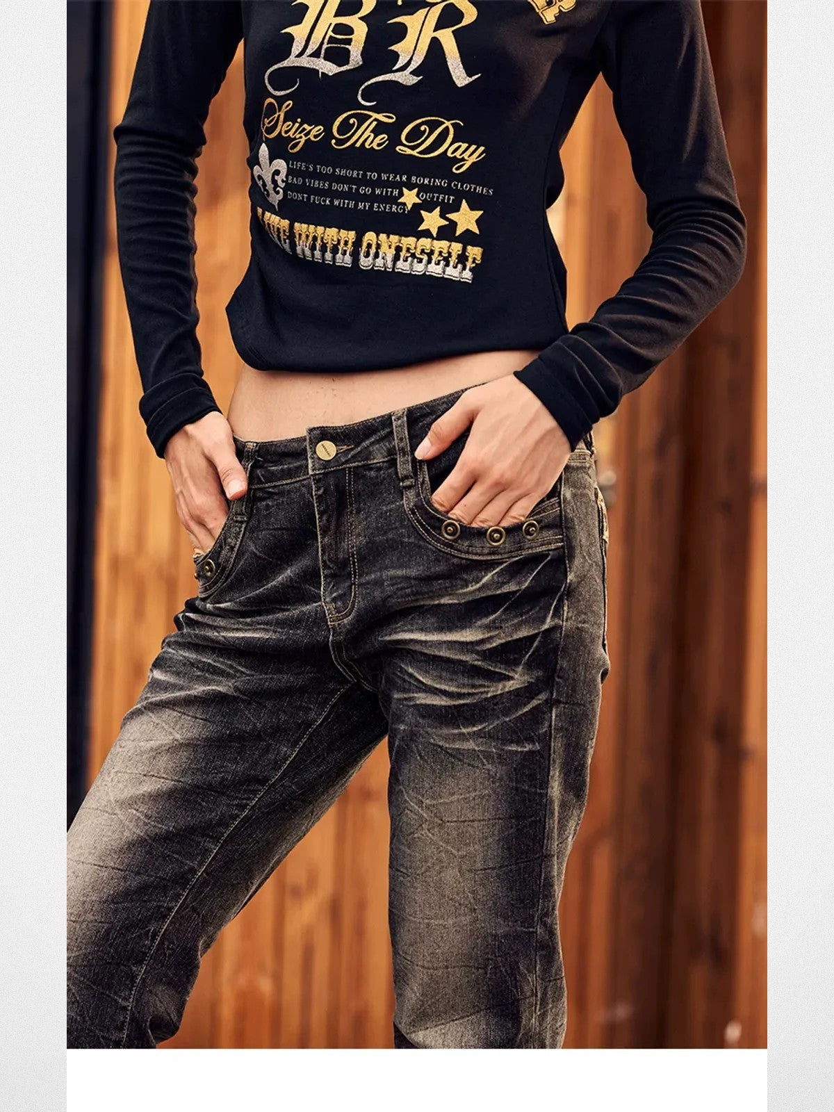 BeerBro Studded Leopard Micro Flare Jeans in Black - On Model