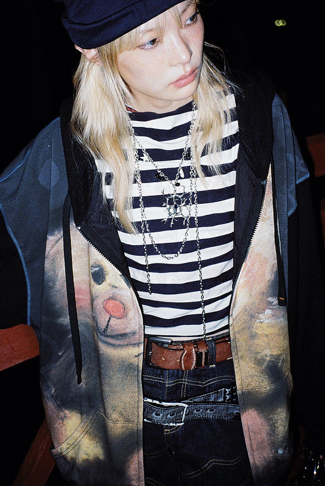 CFIERCE Little Bear Print Zip Hoodie in Gray - On Model