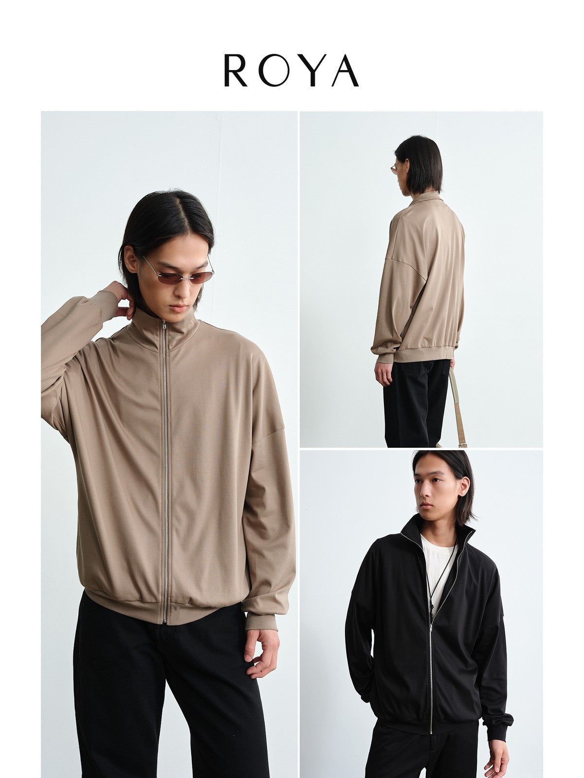 ROYA Liquid Ammonia Pima Cotton Zip Jacket in Beige - On Model