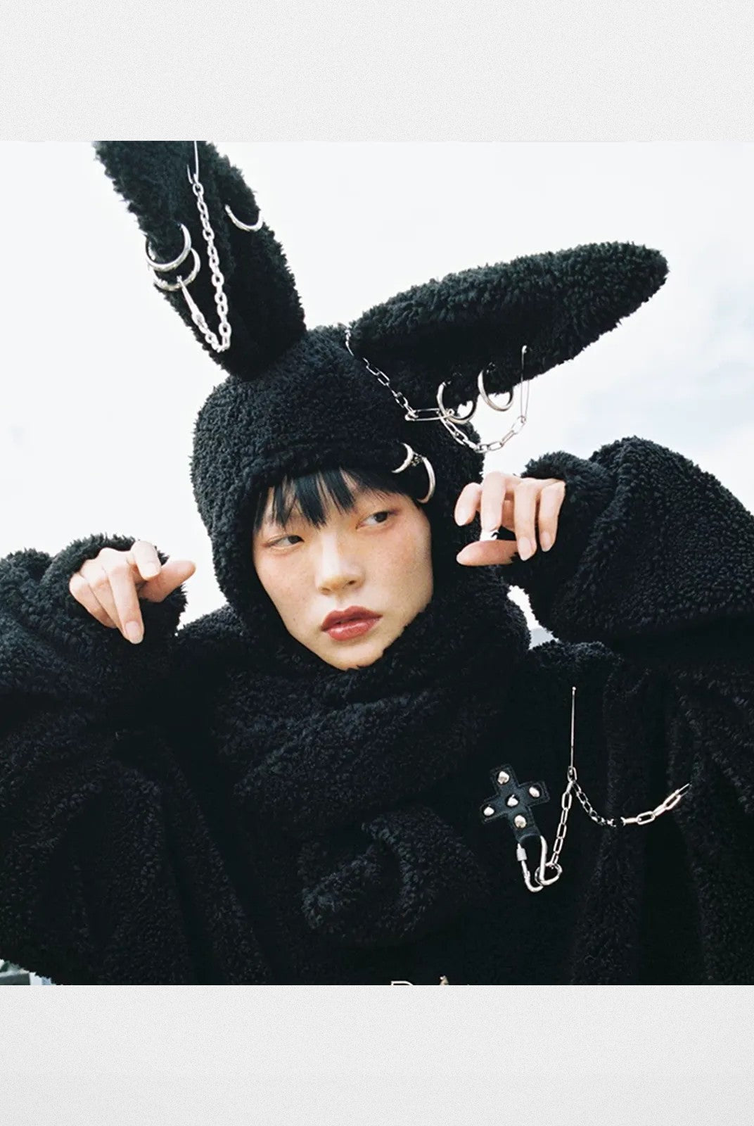 CFIERCE Pierced Plush Bunny Hooded Scarf in Black - On Model