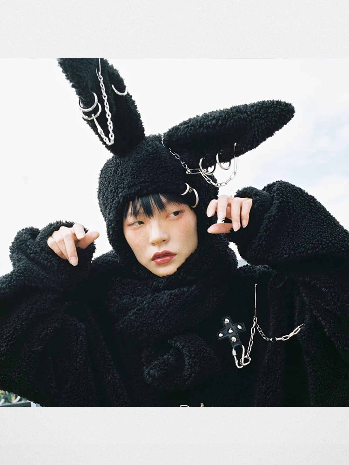 CFIERCE Pierced Plush Bunny Hooded Scarf in Black - On Model