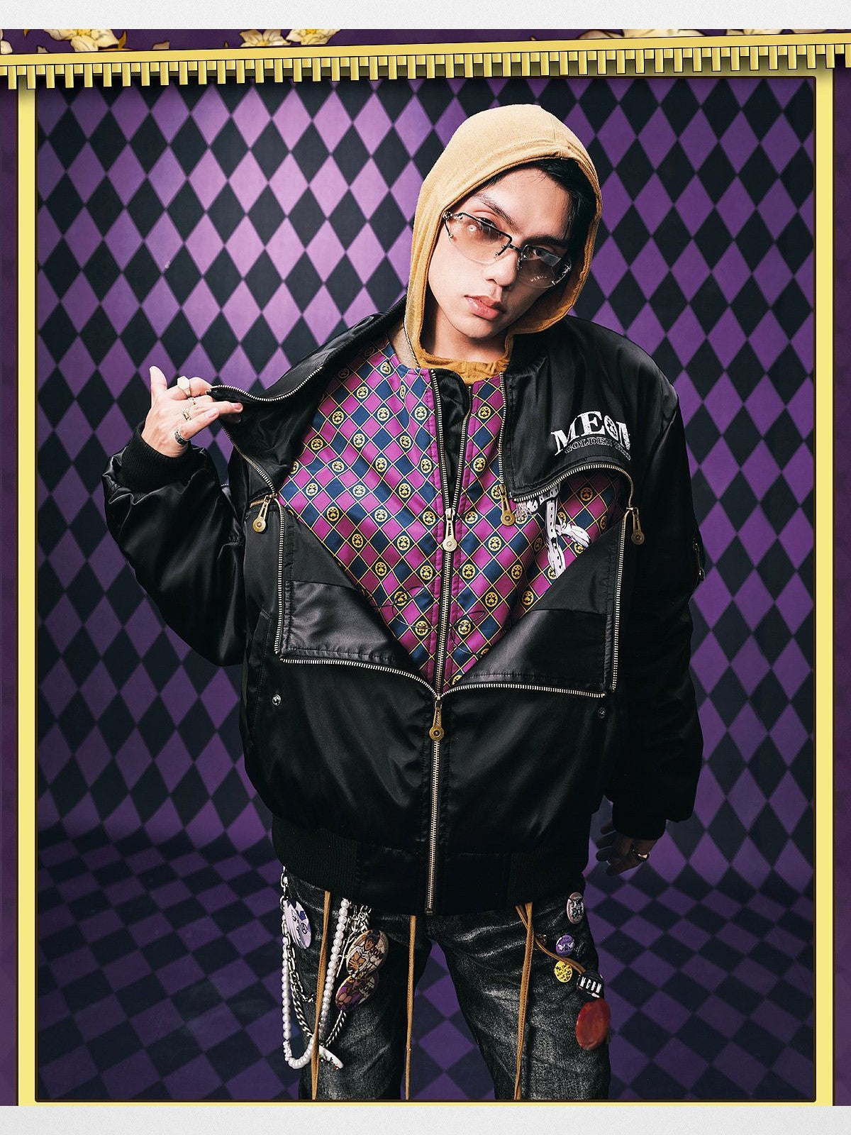 MEDM Bucciarati Zip Detail Bomber in Black - On Model