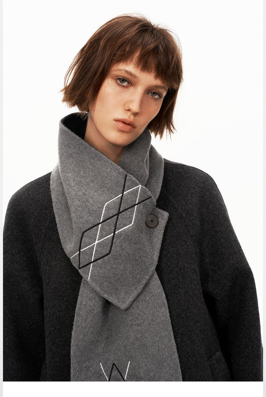 PUKI Diamond Fringe Scarf Wool Coat in Gray - On Model