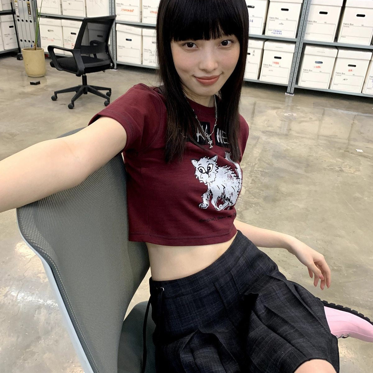 NeverSeez Kitten Graphic Baby Tee in Brown - On Model