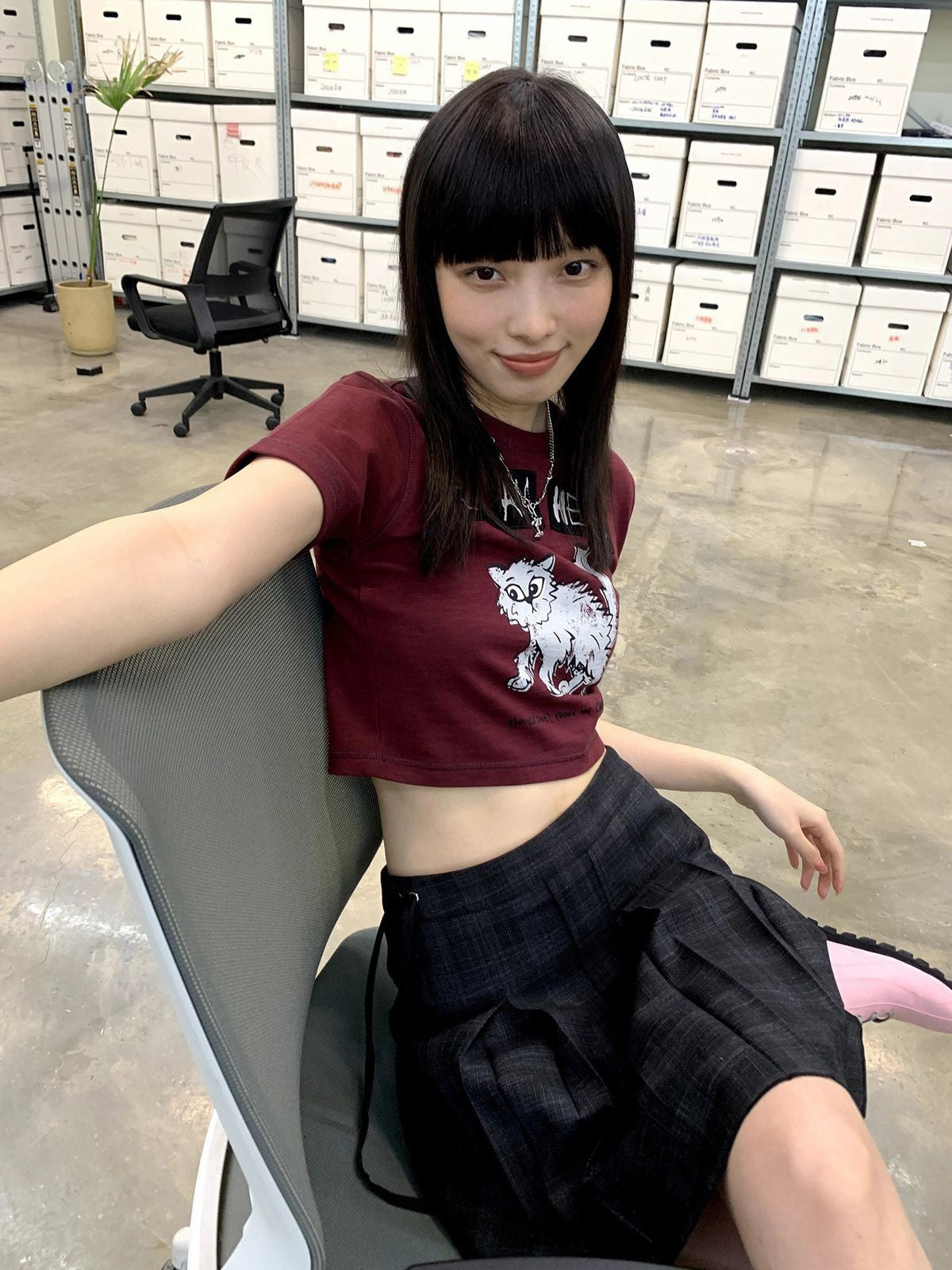 NeverSeez Kitten Graphic Baby Tee in Brown - On Model