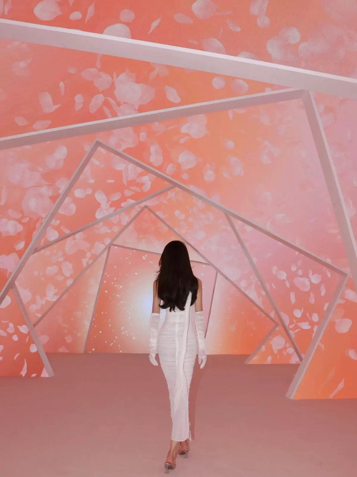 1S STUDIO Ruched Mesh Strapless Dress Set in White - On Model