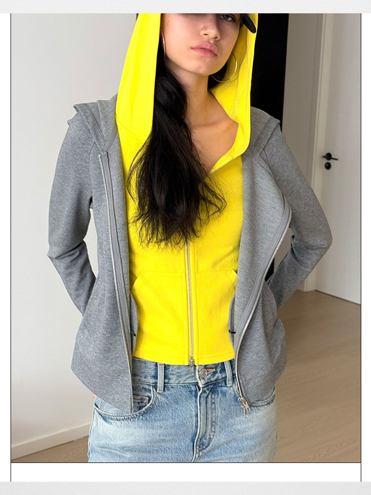 RARELY ALIKE Mock Layered Asymmetric Hoodie in Gray - On Model
