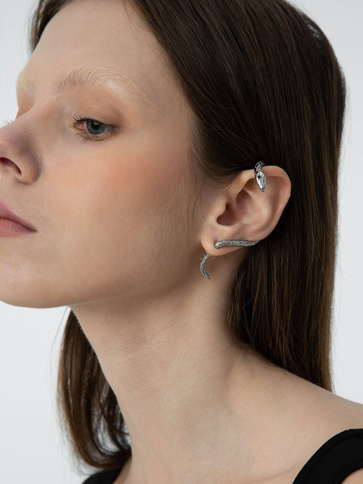 BLACKHEAD Exaggerated Snake Ear Cuff in Silver - On Female Model