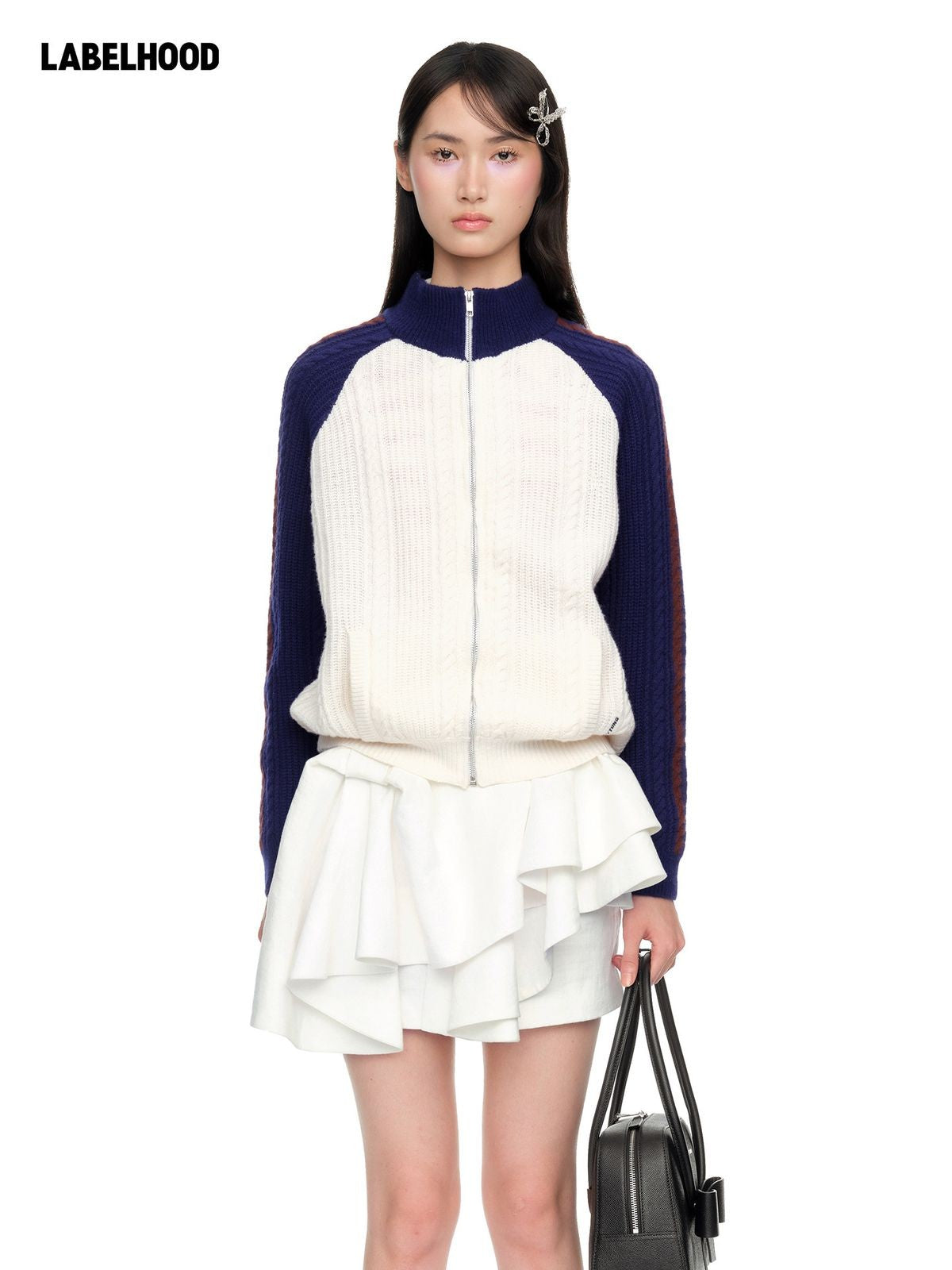 SHUSHUTONG Color Block Wool Zip Cardigan in White - On Model