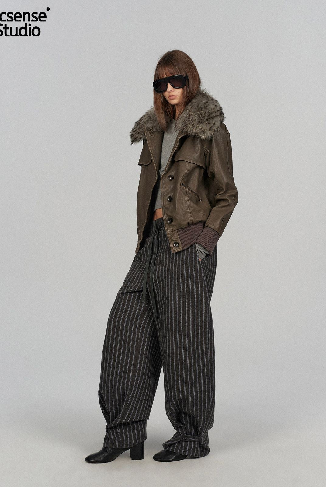 ACSENSE STUDIO Lambskin Jacket with Detachable Fur in Green - On Model