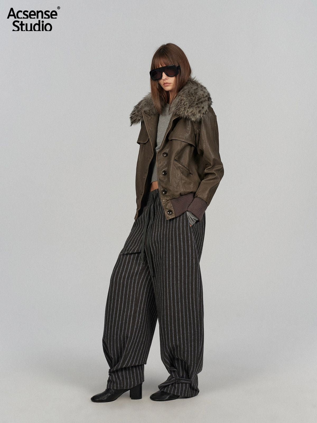 ACSENSE STUDIO Lambskin Jacket with Detachable Fur in Green - On Model