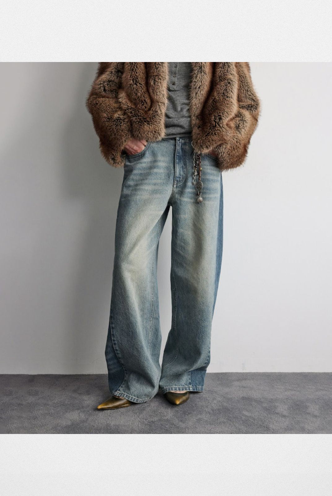 RandomPiece Contrast Panel Loose Jeans in Light Blue - On Model