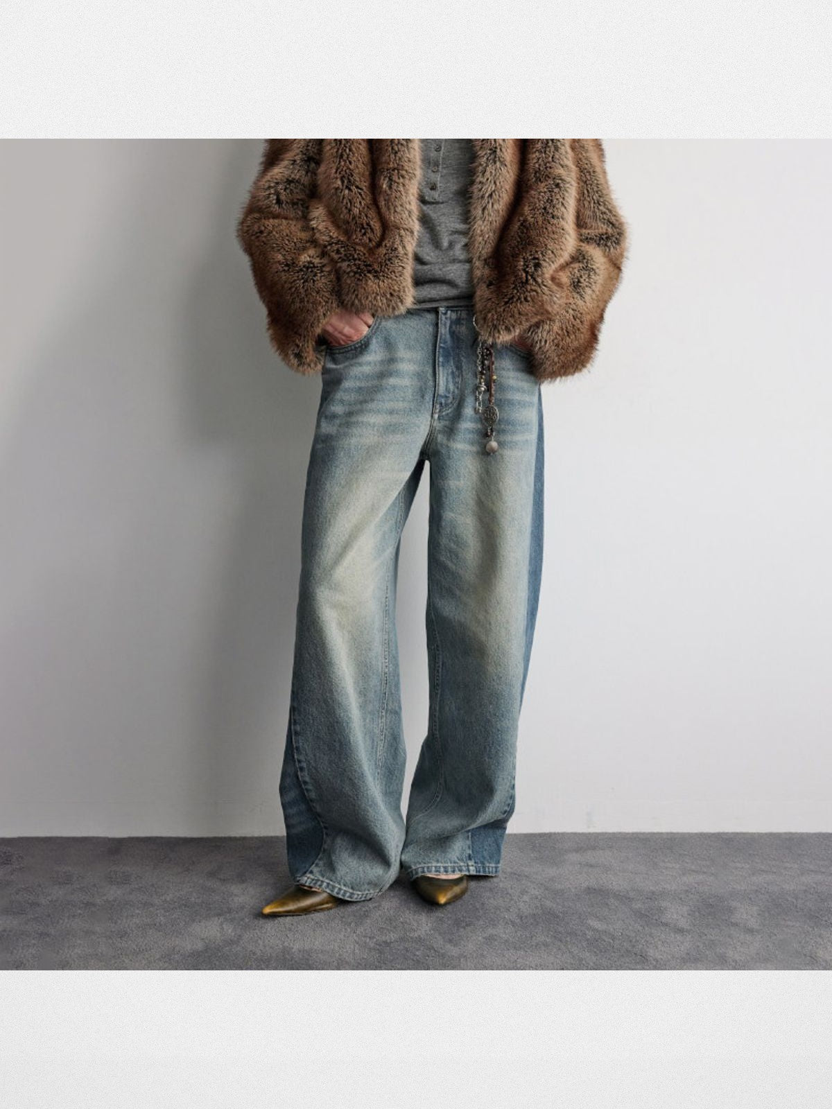 RandomPiece Contrast Panel Loose Jeans in Light Blue - On Model