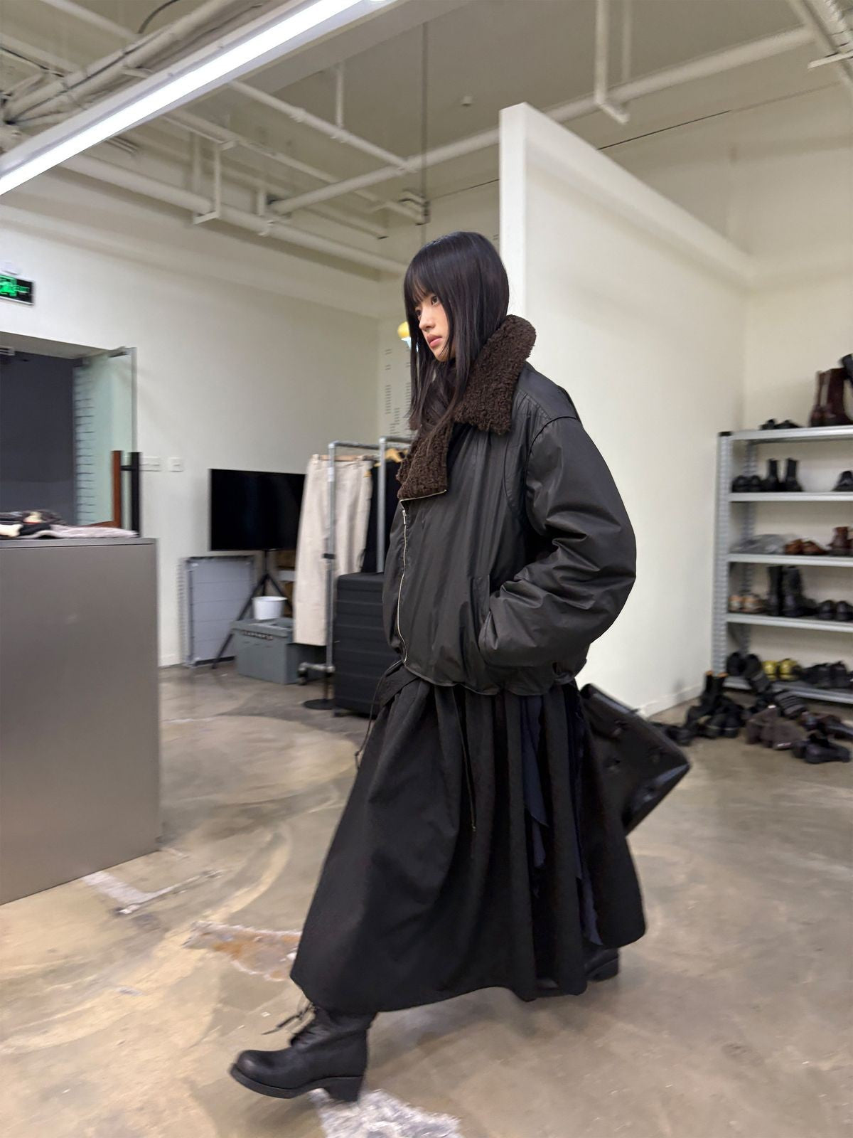 NeverSeez Asymmetric Zip Sherpa Collar Jacket in Black - On Model