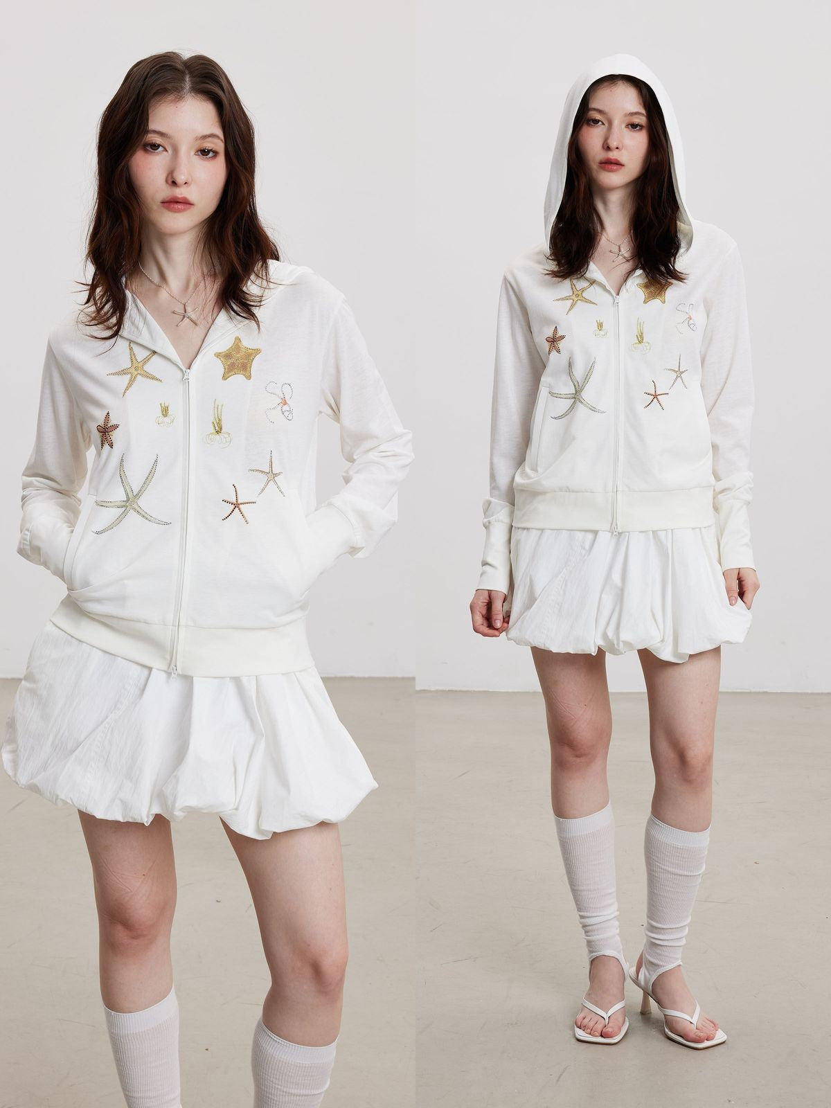 THELIGHT OFFICIAL Starfish Print Zip Up Hoodie in White - On Model