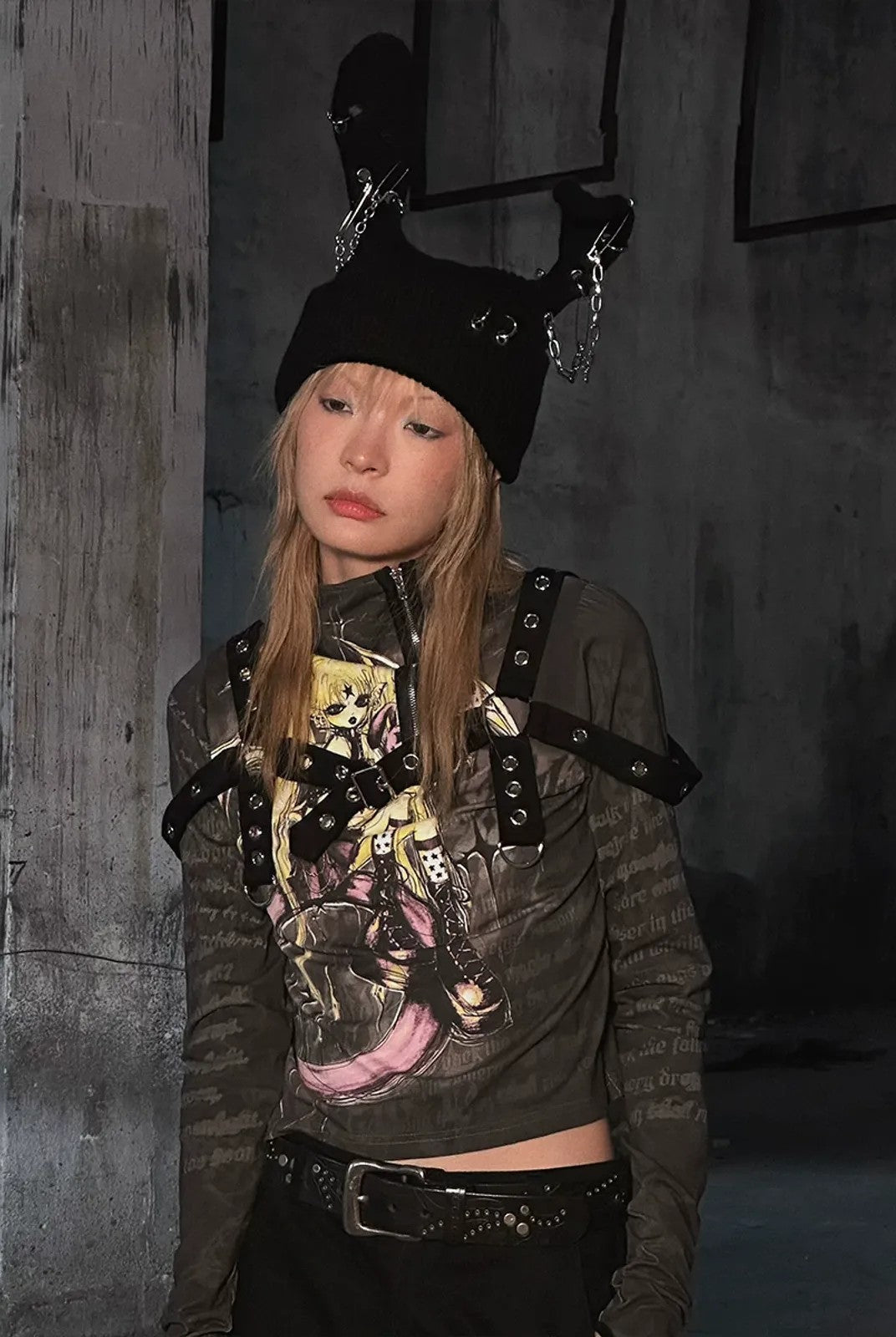 CFIERCE Safety Pin Ribbed Bunny Beanie in Black