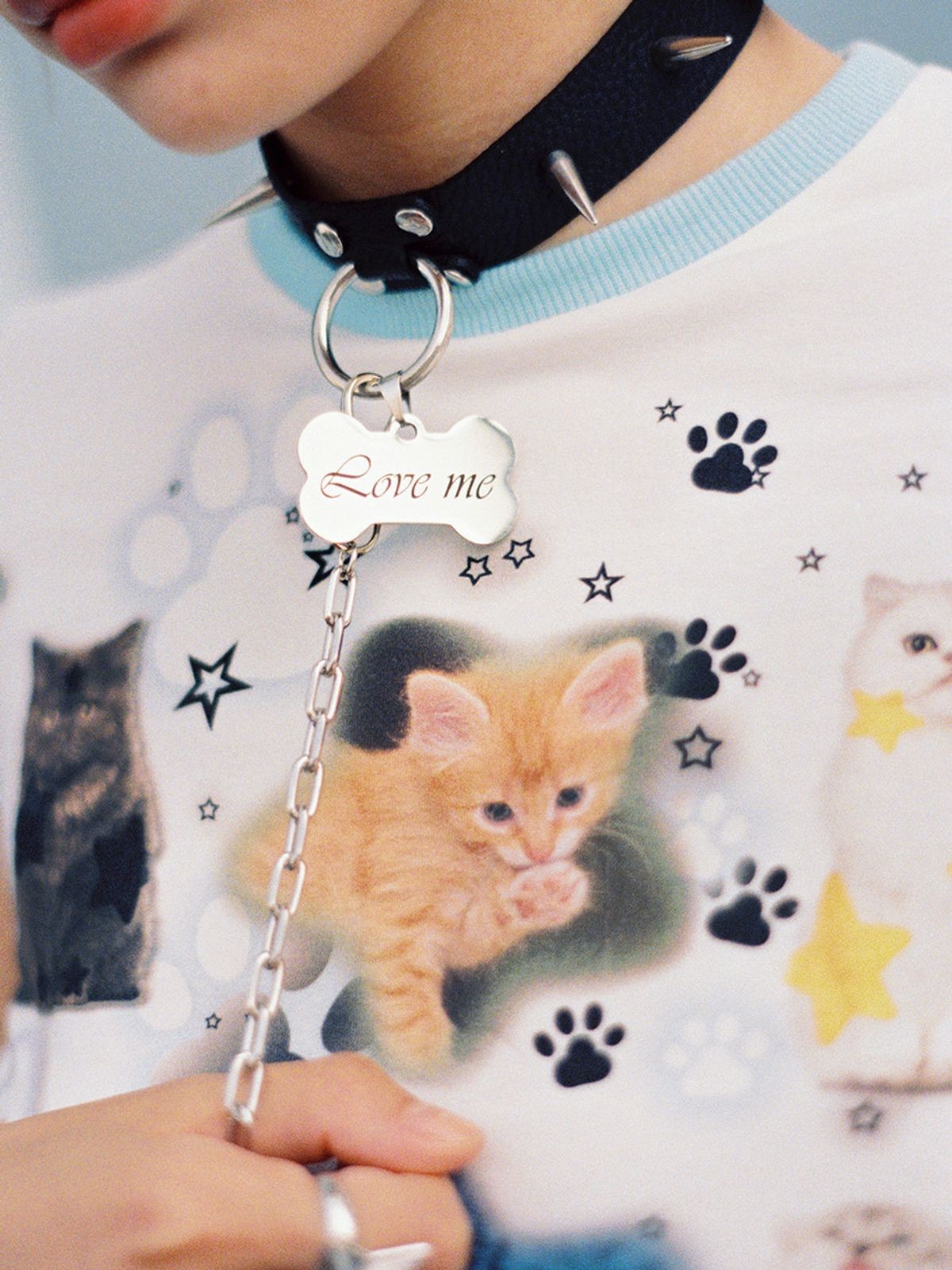 CFIERCE Cat Print Contrast Sleeve Tee in White - On Model