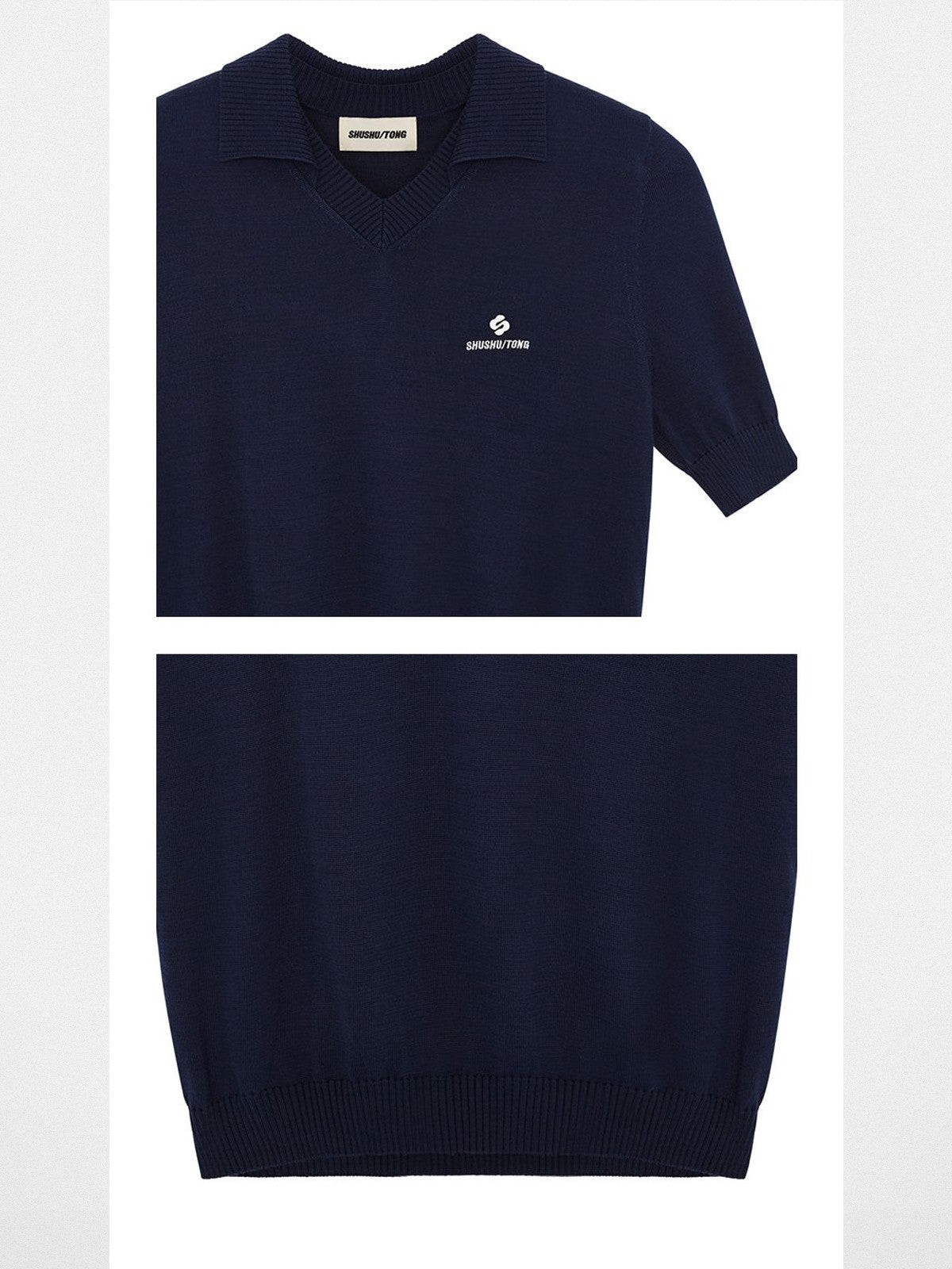 SHUSHUTONG Mulberry Silk Knit Polo Top in Navy Blue - Detail