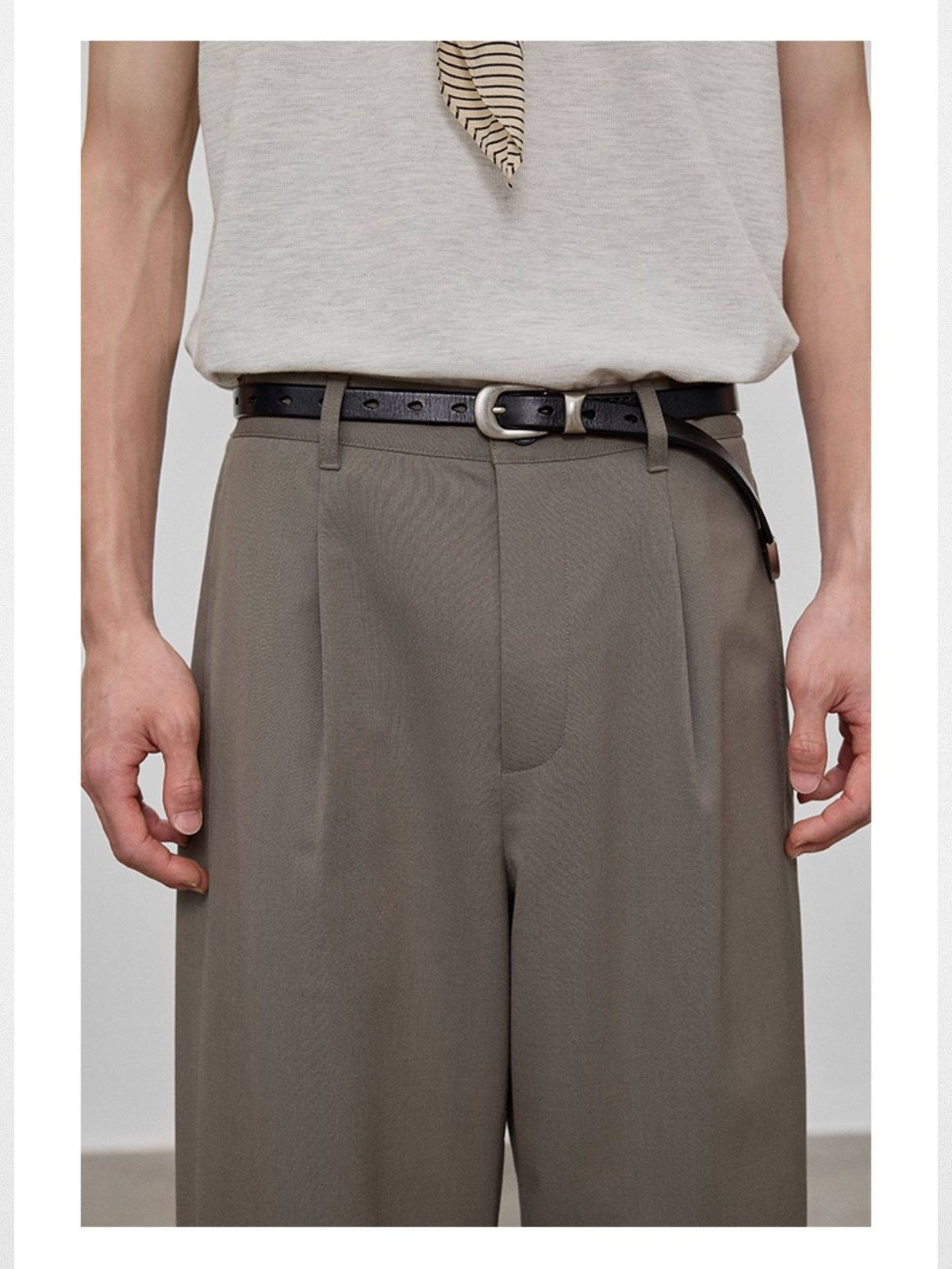 NANS Single Pleat Wool Blend Trousers in Beige - On Model