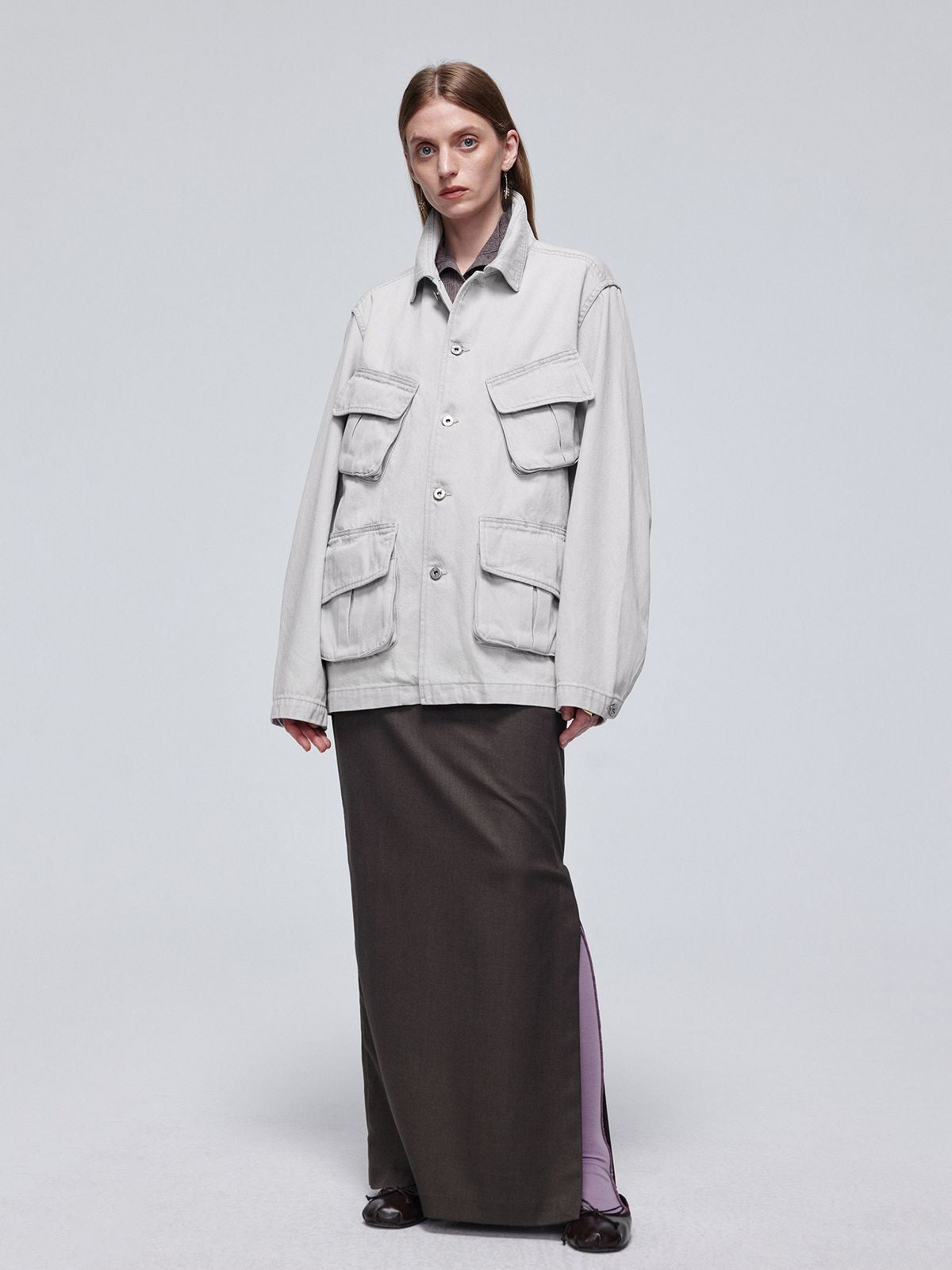 Simple Project Washed Four Pocket Denim Jacket in White - On Female Model